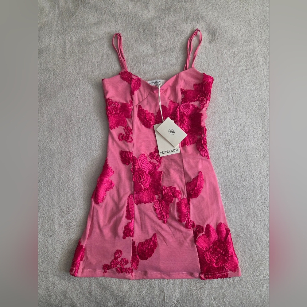 Peppermayo NWT XS Pink/Red Satin Floral Mini Dress Bodycon